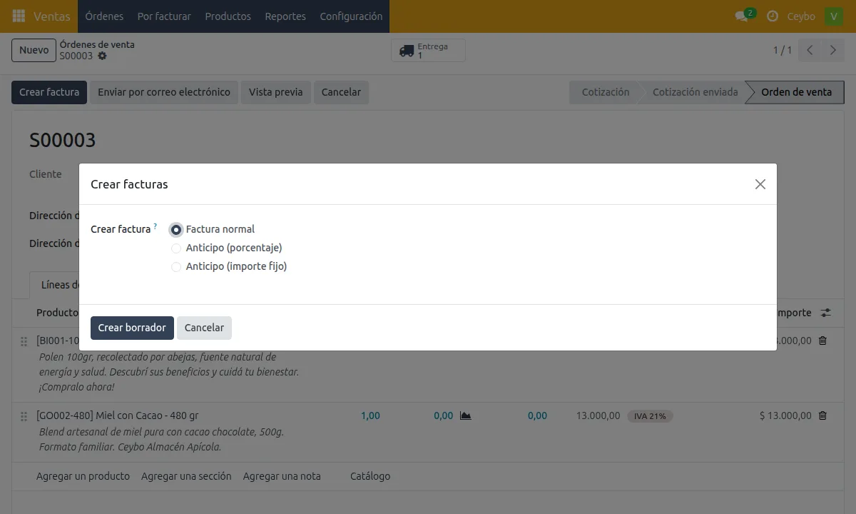 Crear factura desde el pedido