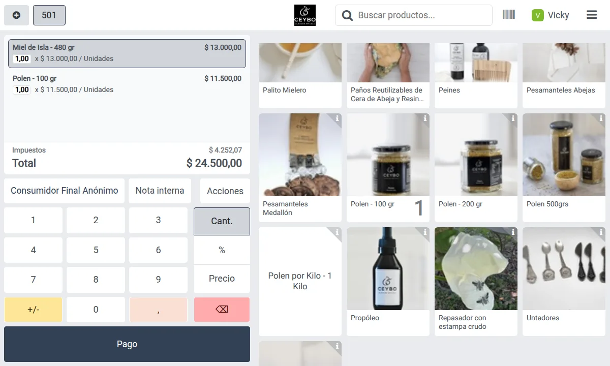 Productos a la derecha, la cuenta y el teclado a la izquierda